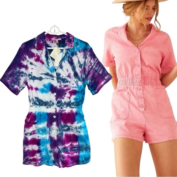 NWT UPCYCLED SKIES ARE BLUE Denim Romper Now Tie-Dyed, Medium - Picture 1 of 10